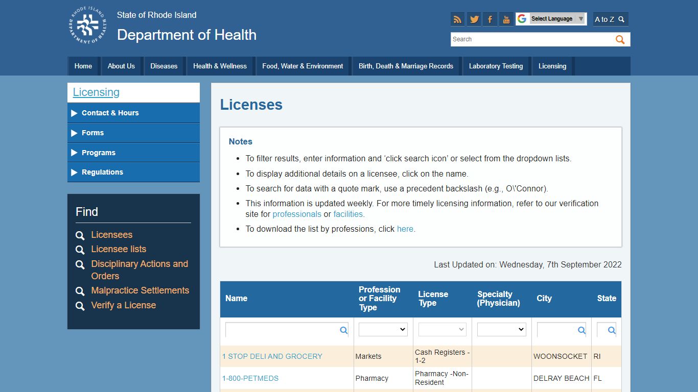 Find Licensees: Department of Health - Rhode Island