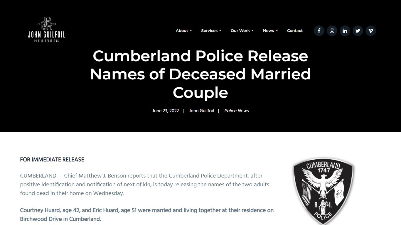 Cumberland Police Release Names of Deceased Married Couple